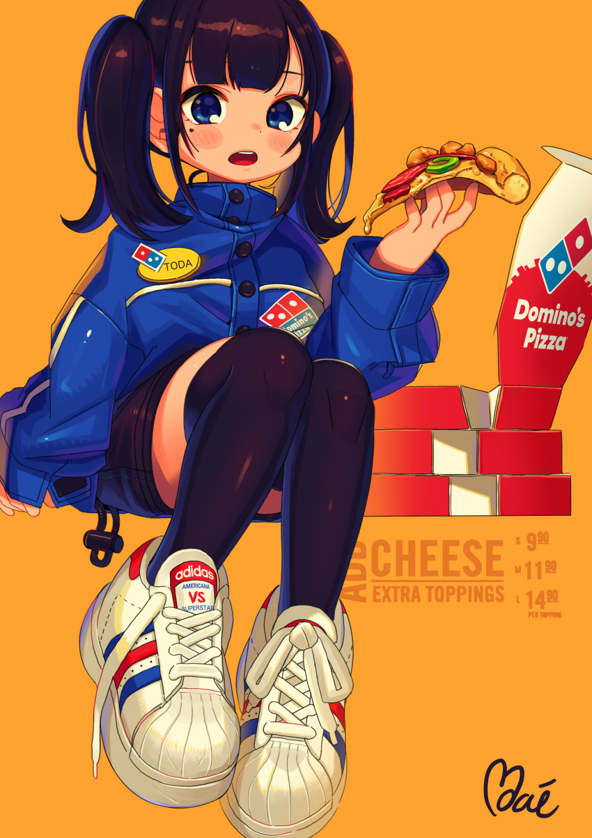 1girl absurdres adidas black_hair black_legwear black_shorts blue_eyes blue_jacket blush_stickers character_request domino's_pizza employee_uniform food full_body highres holding holding_food huge_filesize invisible_chair jacket long_hair looking_at_viewer moai_(more_e_4km) mole mole_under_eye open_mouth original over-kneehighs pizza shoes shorts sitting sneakers solo thighhighs twintails uniform upper_teeth white_footwear