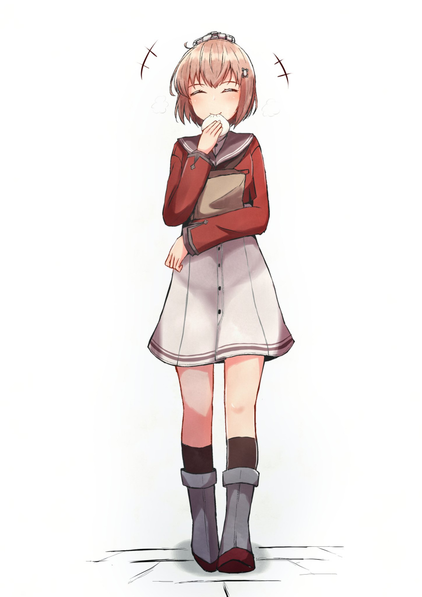 1girl bag baozi black_legwear brown_eyes brown_neckwear closed_eyes commentary_request cosplay dress eating food full_body grey_sailor_collar headgear highres kantai_collection kneehighs kure_jirou neckerchief paper_bag red_shirt rudder_footwear sailor_collar sailor_shirt shirt short_hair simple_background solo tan_yang_(kantai_collection) white_background white_dress yukikaze_(kantai_collection)