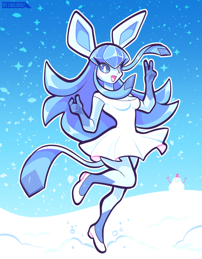 anthro blue_body breasts clothed clothing cute_face dress eeveelution female footwear gesture glaceon hair hi_res long_hair looking_at_viewer loulouvz mammal nintendo open_mouth pok&eacute;mon pok&eacute;mon_(species) pok&eacute;morph shoes simple_background smile snow snowman solo text v_sign video_games winter