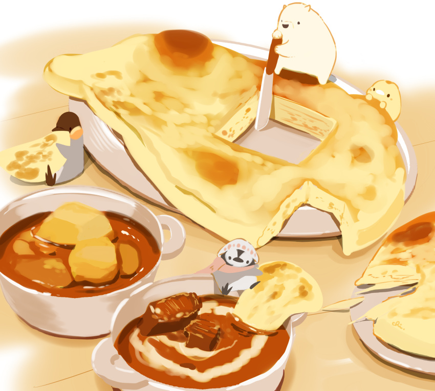 bear bird chai commentary cup curry eating food food_focus highres knife meat naan_bread no_humans original penguin plate polar_bear scarf sitting white_headwear