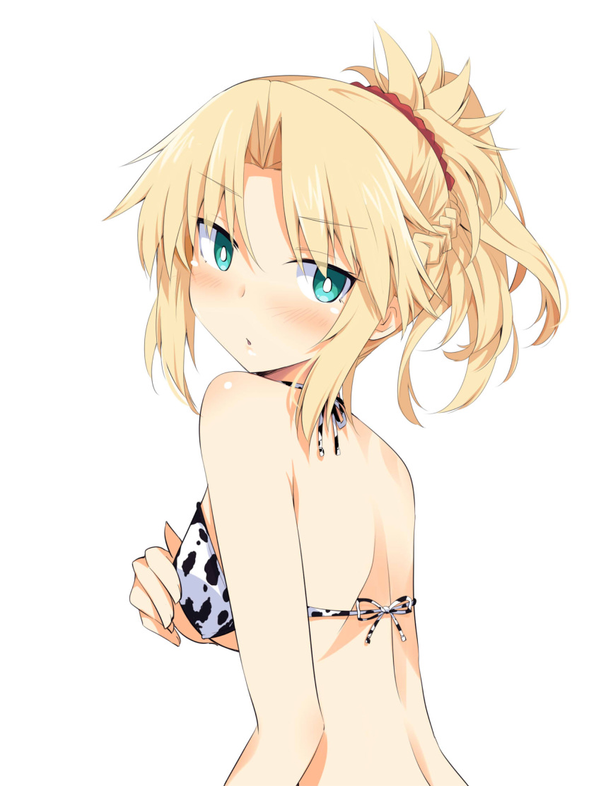 1girl :o back bangs bare_shoulders bikini black_bikini blonde_hair blush braid breasts chata_maru_(irori_sabou) commentary_request eyebrows_visible_through_hair fate/apocrypha fate_(series) from_side hair_between_eyes highres looking_at_viewer looking_to_the_side mordred_(fate) mordred_(fate)_(all) red_scrunchie scrunchie simple_background solo swimsuit upper_body white_background white_bikini