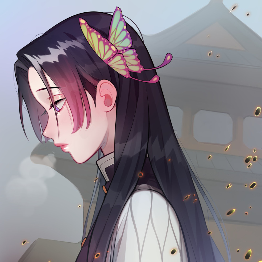 1girl black_hair butterfly_hair_ornament closed_mouth commentary english_commentary from_side gradient_hair hair_ornament highres kimetsu_no_yaiba kochou_kanae lavelis long_hair looking_down multicolored_hair pink_hair pink_lips profile purple_eyes sad solo upper_body