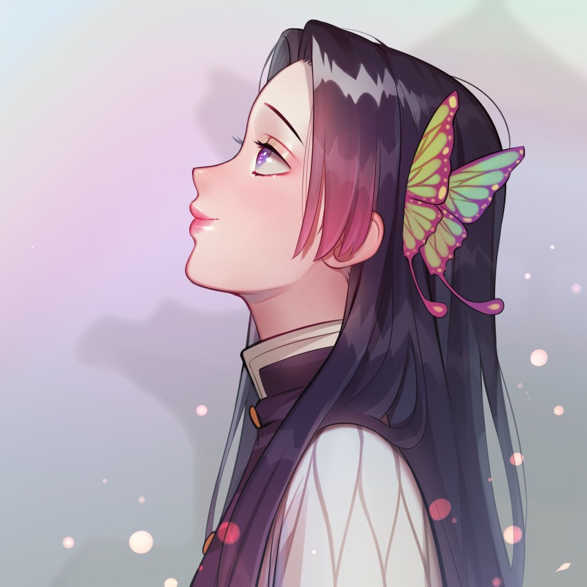 1girl black_hair butterfly_hair_ornament closed_mouth commentary english_commentary from_side gradient_hair hair_ornament highres kimetsu_no_yaiba kochou_kanae lavelis long_hair looking_up multicolored_hair pink_hair pink_lips profile purple_eyes smile solo upper_body