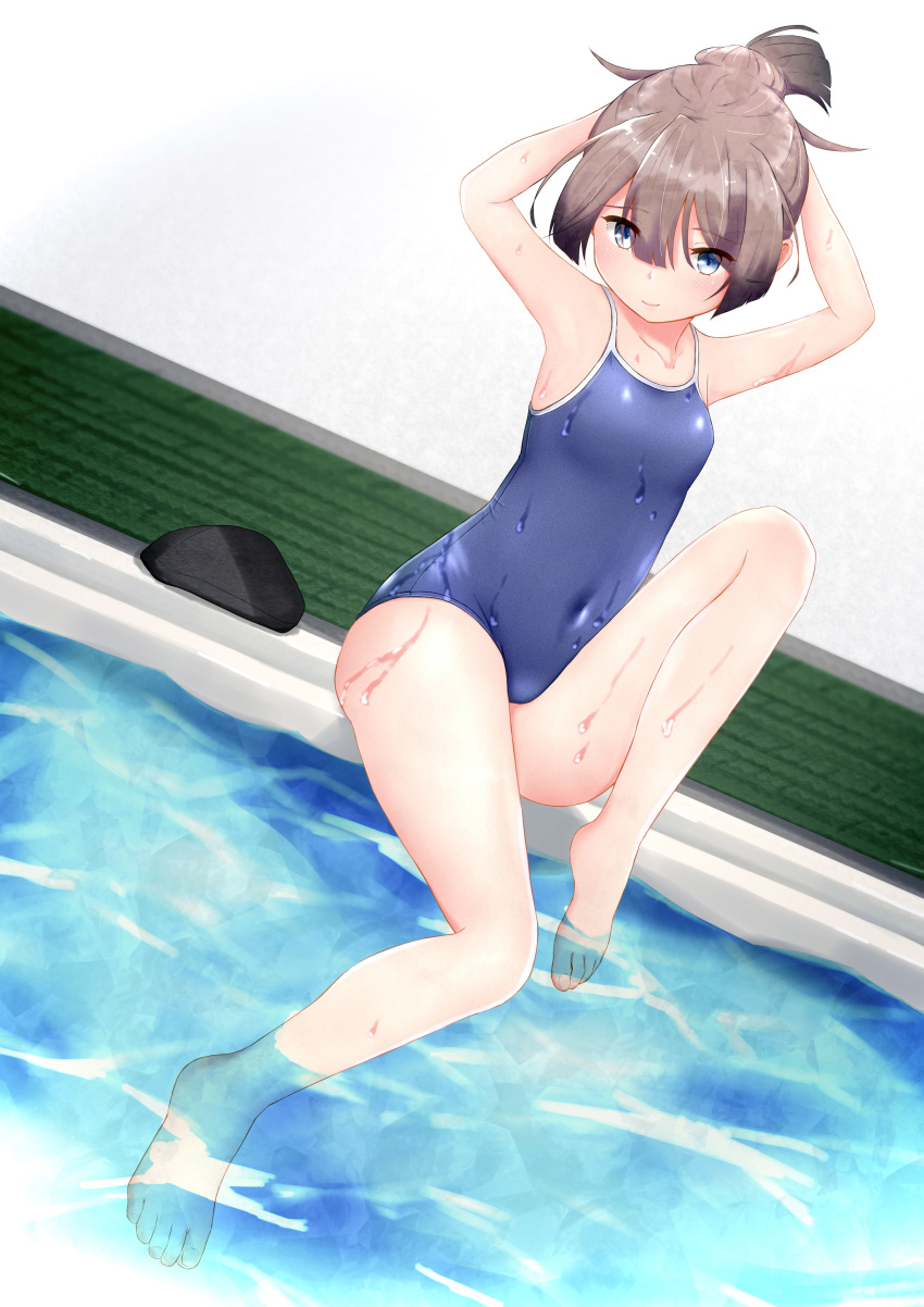 1girl absurdres barefoot blue_swimsuit brown_hair commentary_request competition_school_swimsuit dutch_angle flat_chest folded_ponytail highres kantai_collection kazagumo_(kantai_collection) kure_jirou long_hair ponytail pool poolside rock school_swimsuit sitting soaking_feet solo swimsuit tied_hair water wet wet_clothes wet_swimsuit