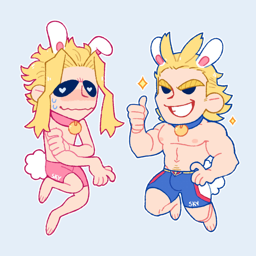 2boys all_might animal_ears blonde_hair blue_male_underwear boku_no_hero_academia boxers bulge bunny_ears bunny_tail chibi collar feraltintinsimp full_body highres male_focus male_underwear multiple_boys navel navel_hair nipples pectorals pink_male_underwear rabbit_boy short_hair simple_background skinny smile tail thumbs_up underwear underwear_only
