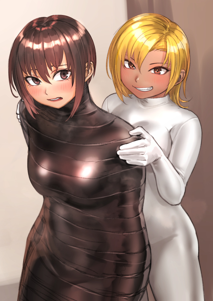 2girls blonde_hair blush bodysuit bound brown_eyes brown_hair grin hair_between_eyes highres kilye_4421 latex_bodysuit looking_at_another multiple_girls mummification open_mouth original shirt short_hair skin_tight smile tape tape_bondage wrapped_up