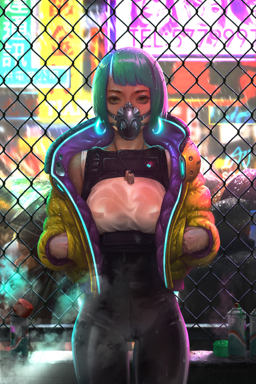 1girl absurdres bangs black_pants breasts chain-link_fence cowboy_shot cyberpunk dog_tags earrings fence gas_mask green_eyes green_hair hands_in_pockets highres hoop_earrings jacket jewelry leather leather_pants looking_at_viewer mask neon_lights no_bra open_clothes open_jacket original pants pasties poson rain see-through shirt short_hair solo_focus spray_paint thigh_gap wet wet_clothes wet_shirt white_shirt yellow_jacket