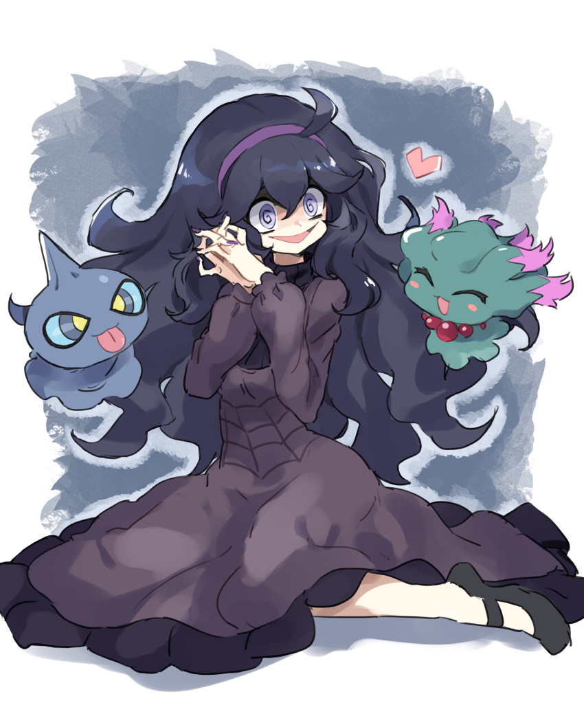 1girl absurdres ahoge bangs black_footwear black_hair commentary_request dress gazacy_(dai) gen_2_pokemon gen_3_pokemon hair_between_eyes hairband hands_together heart hex_maniac_(pokemon) highres interlocked_fingers long_dress long_hair messy_hair misdreavus nail_polish npc_trainer open_mouth pokemon pokemon_(creature) pokemon_(game) pokemon_xy purple_eyes purple_hairband purple_nails shoes shuppet smile spiral_eyes tongue