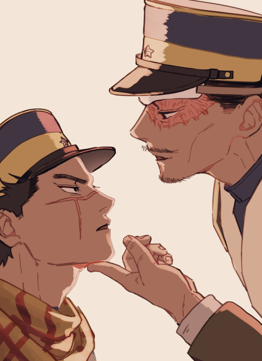 2boys brown_eyes brown_hair collared_jacket expressionless eye_contact face golden_kamuy hand_on_another's_face hat highres imperial_japanese_army kepi kotta_(pesan102) long_sleeves looking_at_another male_focus military military_hat military_uniform multiple_boys open_mouth scar scar_on_cheek scar_on_face scar_on_mouth scar_on_nose short_hair simple_background spiked_hair sugimoto_saichi tsurumi_tokushirou uniform