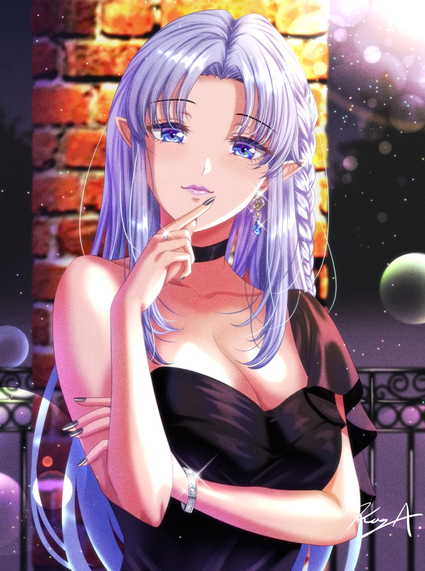 1girl asymmetrical_clothes bangs black_choker black_dress bracelet breasts brick_wall caster choker cleavage collarbone commentary_request dress earrings fate/stay_night fate_(series) fence finger_to_mouth head_tilt highres jewelry koya_(koya_x_00) large_breasts lipstick long_hair looking_at_viewer makeup nail_polish parted_bangs pointy_ears purple_eyes purple_hair purple_lipstick ring signature single_bare_shoulder solo upper_body