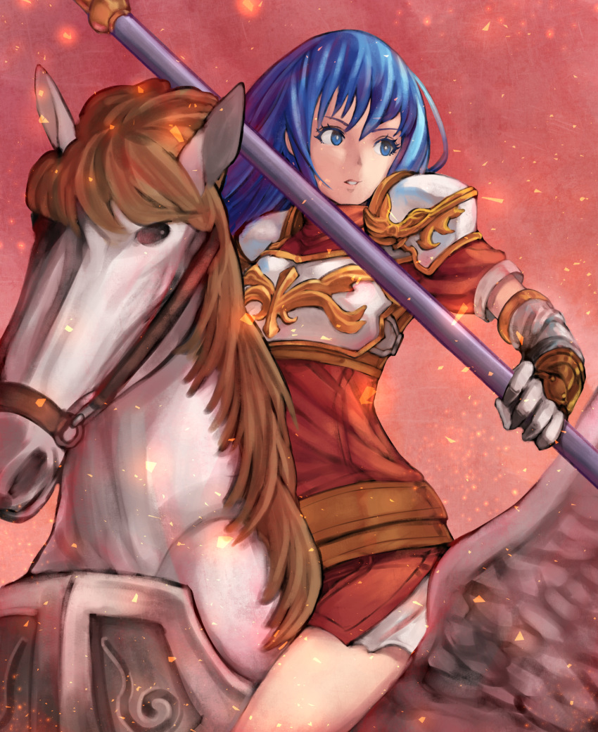 1girl animal armor blue_eyes blue_hair caeda_(fire_emblem) chienon detached_sleeves fire fire_emblem fire_emblem:_shadow_dragon_and_the_blade_of_light gloves highres holding holding_spear holding_weapon horse long_hair miniskirt open_mouth pauldrons pegasus pegasus_knight polearm riding shoulder_armor skirt solo spear weapon