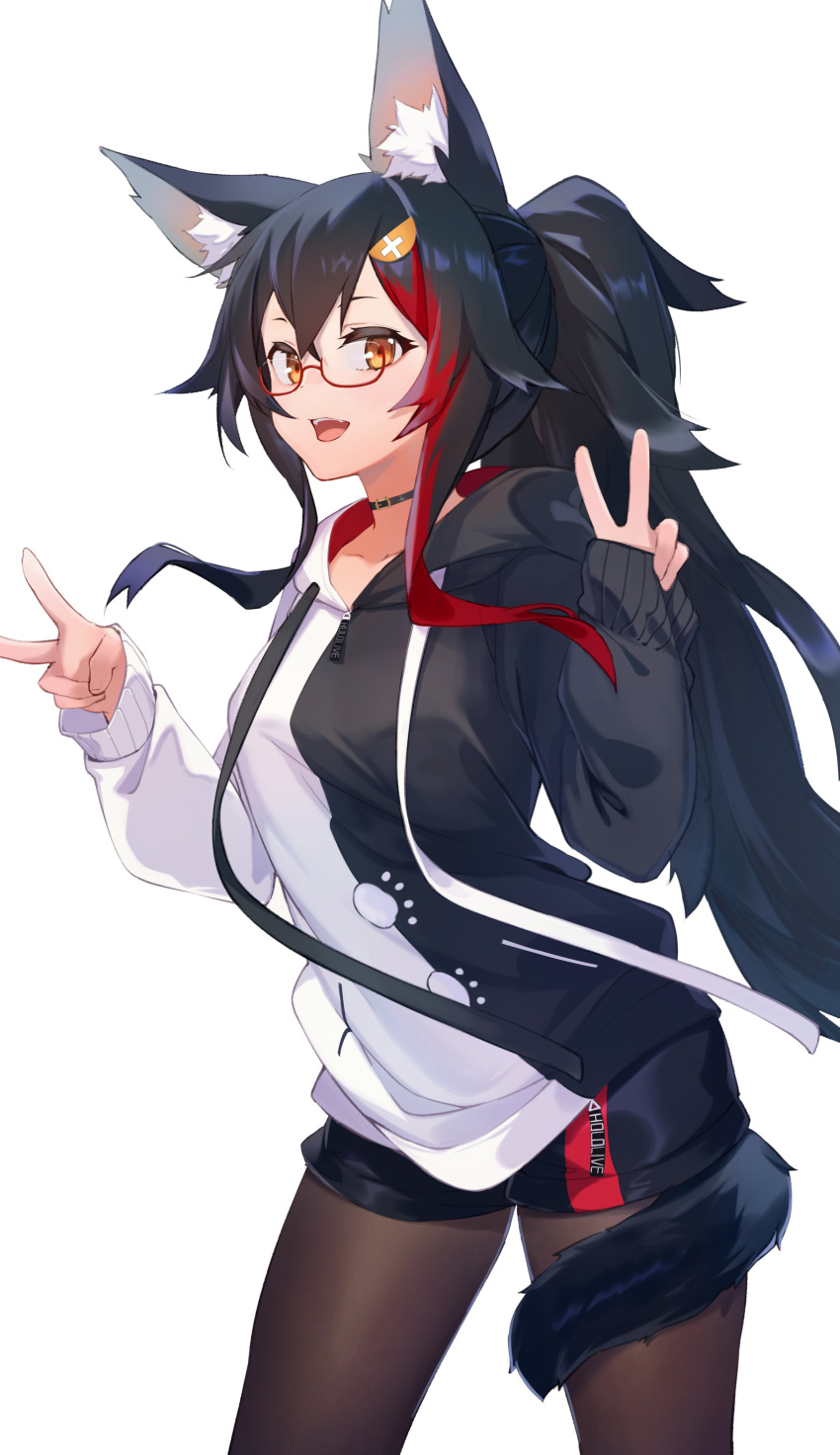 1girl absurdres animal_ear_fluff animal_ears black_choker black_hair black_hoodie black_legwear black_shorts blush breasts choker commentary cowboy_shot double_v glasses hair_between_eyes hair_ornament highres hololive hood hoodie long_hair long_sleeves looking_at_viewer medium_breasts multicolored_hair ninsaki_(9saki) ookami_mio open_mouth orange_eyes pantyhose paw_print_pattern ponytail red-framed_eyewear red_hair semi-rimless_eyewear short_shorts shorts sidelocks simple_background smile solo streaked_hair tail tail_around_leg two-tone_hair two-tone_hoodie v virtual_youtuber white_background white_hoodie wolf_ears wolf_tail