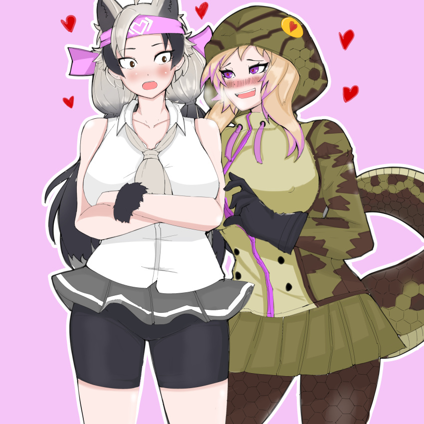 2girls absurdres african_rock_python_(kemono_friends) ahoge animal_ears aroused bare_arms bare_shoulders bear_ears bear_girl bike_shorts black_hair blonde_hair blush breath collarbone collared_shirt commentary crossed_arms drawstring english_commentary expressive_clothes extra_ears ezo_brown_bear_(kemono_friends) furrowed_eyebrows gloves grey_hair hand_up headband heart heart-shaped_pupils highres hood hood_up hooded_jacket jacket kemono_friends long_hair long_sleeves looking_at_another microskirt multicolored_hair multiple_girls nanoder necktie nose_blush open_mouth panties pink_background purple_eyes purple_hair shirt shorts shorts_under_skirt side-by-side simple_background skirt sleeveless sleeveless_shirt smile snake_tail symbol-shaped_pupils tail twintails two-tone_hair underwear very_long_hair wide-eyed wing_collar yuri zipper