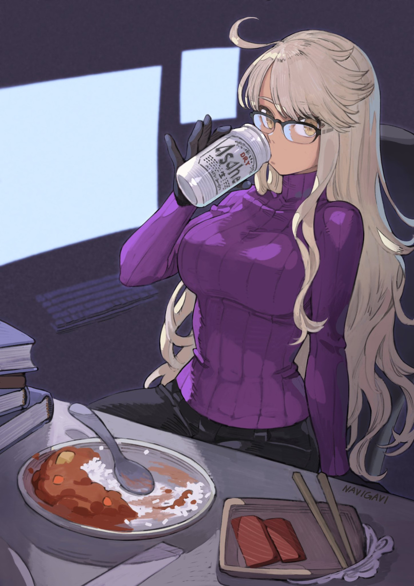 1girl ahoge alcohol alma_armas artist_name beer beer_can black-framed_eyewear black_gloves black_pants blonde_hair book_stack brand_name_imitation breasts can chair chopsticks commentary commission curry curry_rice dark_skin dark_skinned_female drink drinking english_commentary expressionless eyebrows_visible_through_hair food glasses gloves highres holding holding_can holding_drink jun_(seojh1029) keyboard large_breasts long_hair long_sleeves looking_at_viewer mixed-language_commentary monitor pants plate purple_sweater ribbed_sweater rice semi-rimless_eyewear signature skeb_commission solo spoon sweater turtleneck turtleneck_sweater va-11_hall-a yellow_eyes