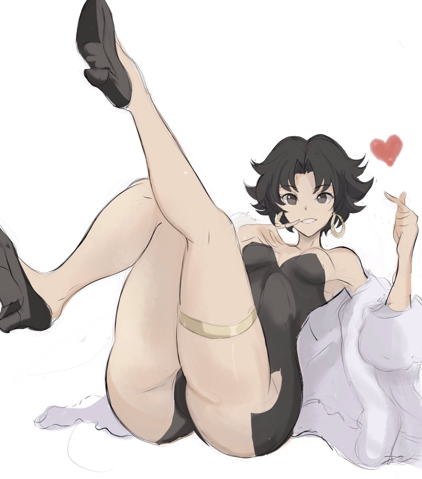 1girl ass betty_boop betty_boop_(character) black_dress black_eyes breasts coat dress earrings fur_coat gold_earrings gold_necklace heart high_heels highres hoop_earrings jewelry medium_breasts messy_hair necklace rakeem_garcia-cueto short_hair underwear white_coat white_fur