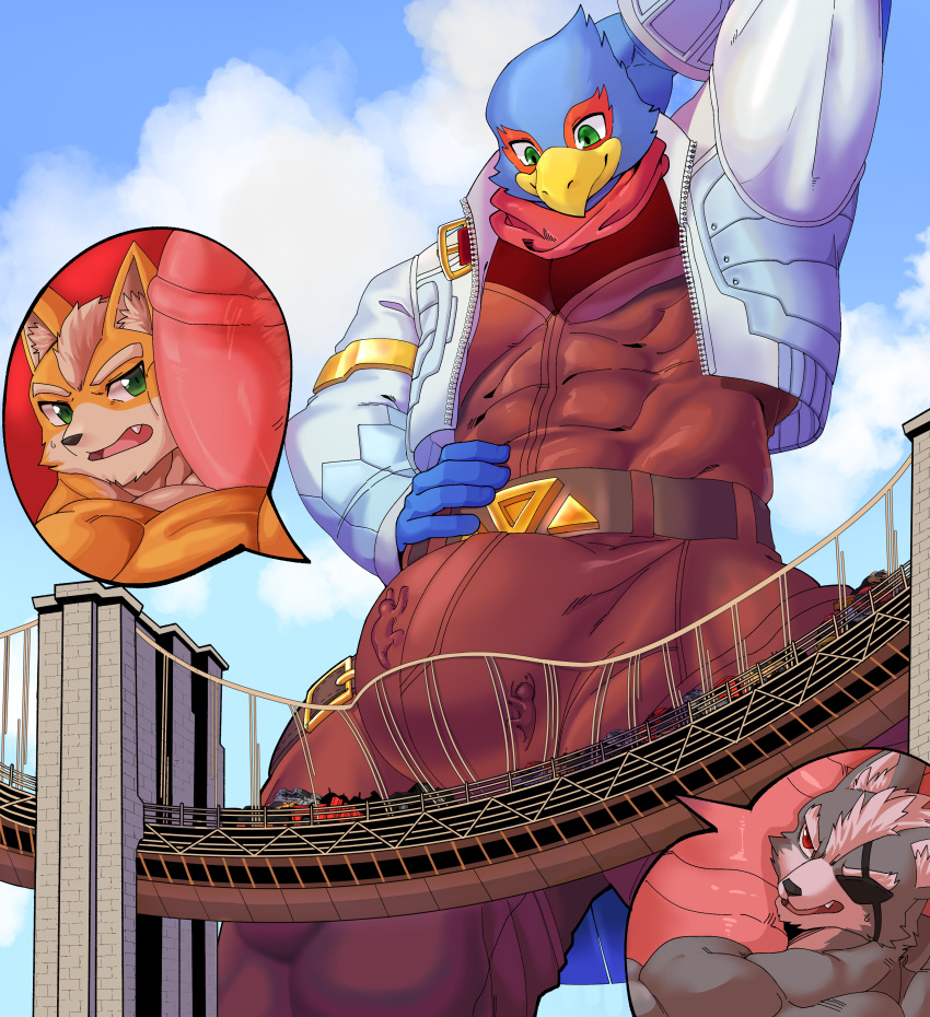 absurd_res anthro avian bird bridge bulge canid canine canis car clothed clothing falco_lombardi fox fox_mccloud genitals group hi_res internal looming low-angle_view macro male mammal mayar micro nintendo penis star_fox vehicle video_games wolf wolf_o'donnell worship