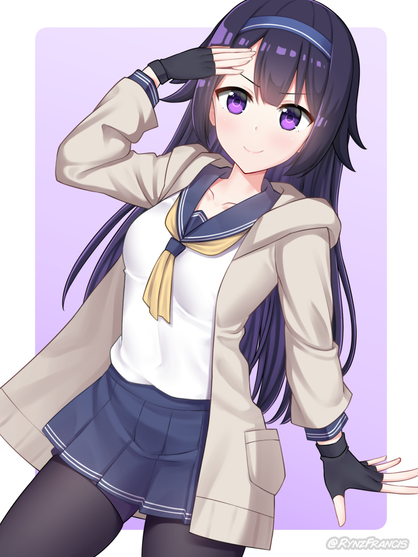 1girl artist_name black_hair cowboy_shot dutch_angle english_commentary fingerless_gloves girls_frontline gloves hair_flaps hairband highres jacket long_hair looking_at_viewer purple_eyes rynzfrancis sailor_collar salute school_uniform simple_background skirt solo super_sass_(girls_frontline) thighhighs very_long_hair
