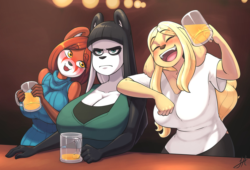 2018 ailurid alcohol amber_eyes beer beer_glass beverage black_hair blonde_hair blush breasts canid canine canis cleavage clothed clothing domestic_dog drunk eldora_(skecchiart) fagns female giant_panda green_eyes group hair hi_res lei_(skecchiart) mammal nuan_(skecchiart) orange_hair red_panda skecchiart substance_intoxication sweater topwear trio ursid