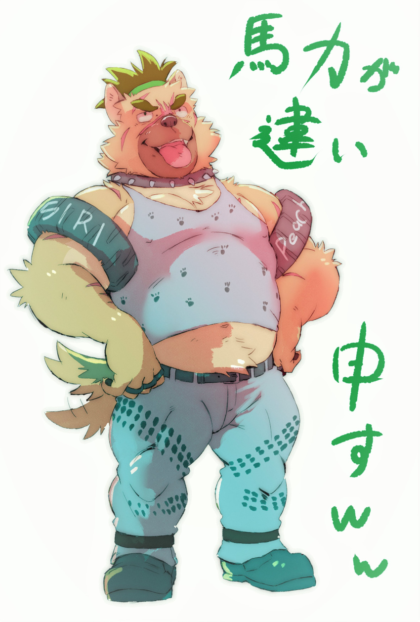 2021 absurd_res anthro belly bottomwear brown_body brown_fur canid canine canis clothing domestic_dog fur heylaw21 hi_res japanese_text kemono male mammal overweight overweight_anthro overweight_male pants shirt simple_background solo text tokyo_afterschool_summoners topwear video_games white_background yasuyori