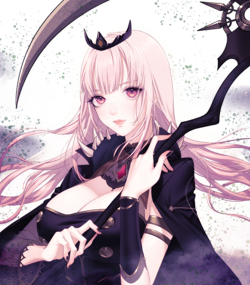 1girl absurdres breasts cleavage eyelashes highres holding holding_scythe hololive hololive_english huge_filesize light_smile lips long_hair looking_at_viewer mori_calliope nail_polish pink_hair red_eyes scythe shoulder_spikes solo spikes tiara transparent_background veil virtual_youtuber zizizy