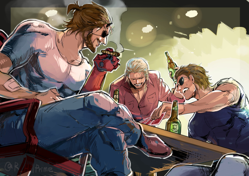 3boys alcohol artist_name bandages beard beer beer_bottle blonde_hair blue_shirt bottle brown_hair card casual chair cigar closed_eyes collarbone collared_shirt eyepatch facial_hair highres hillprime holding holding_bottle holding_card horns kazuhira_miller long_sleeves male_focus mechanical_arm metal_gear_(series) metal_gear_solid_v multiple_boys muscular open_mouth playing_card playing_games ponytail prosthesis prosthetic_arm red_shirt revolver_ocelot scar scar_on_face scar_on_nose shirt short_hair short_sleeves single_horn sitting smile smoke smoking sunglasses sweat table twitter_username venom_snake white_shirt