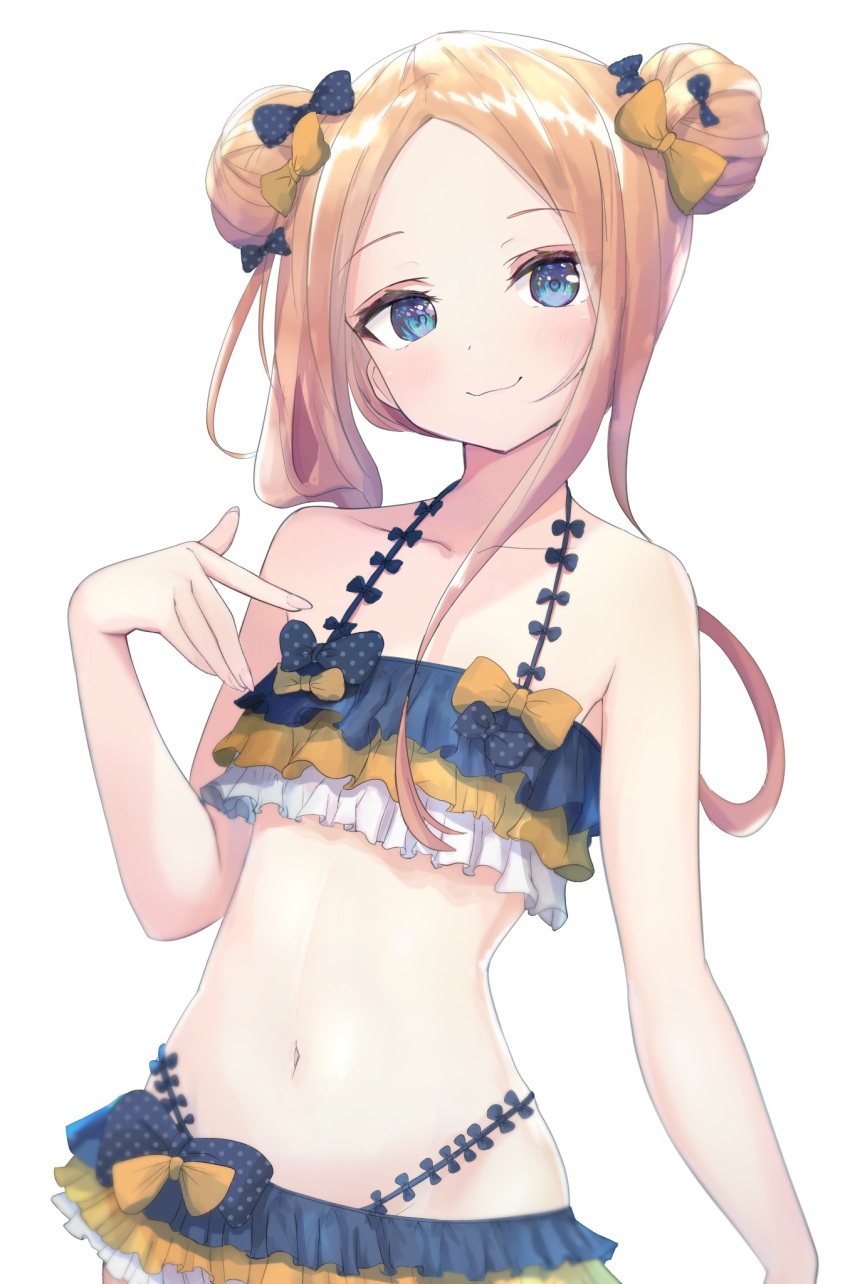 1girl abigail_williams_(fate/grand_order) bangs bare_shoulders bikini black_bikini black_bow black_skirt blonde_hair blue_eyes blush bow breasts closed_mouth collarbone double_bun emerald_float fate/grand_order fate_(series) forehead frilled_bikini frills hair_bow highres long_hair looking_at_viewer microskirt multiple_hair_bows navel nekonosuke ocean orange_bow parted_bangs polka_dot polka_dot_bow sidelocks simple_background skirt sky small_breasts smile swimsuit swimwear white_background