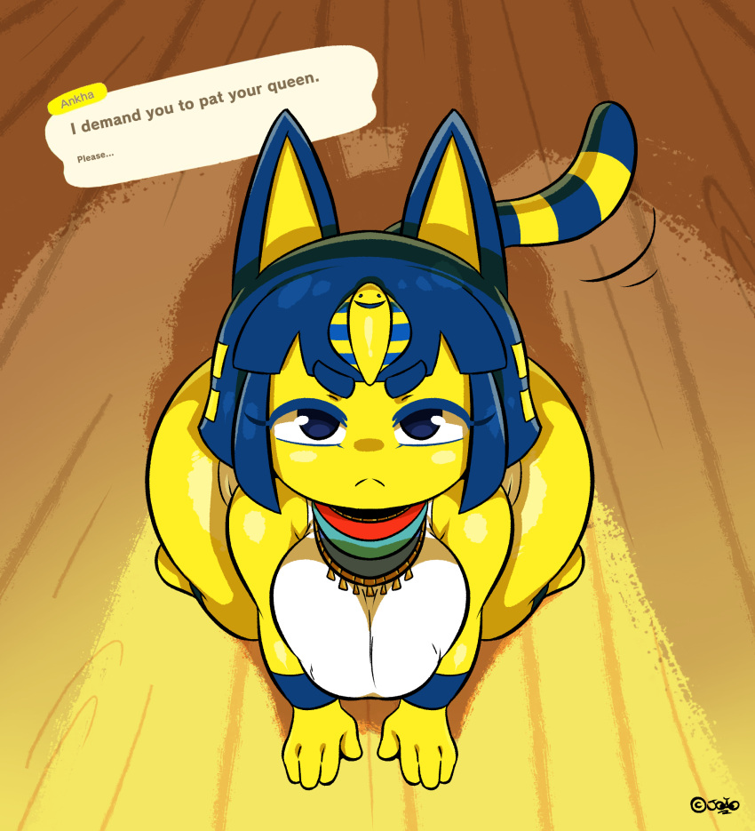 2021 animal_crossing ankha_(animal_crossing) anthro big_breasts blue_eyes blue_hair breasts clothing covered_breasts dialogue digital_media_(artwork) domestic_cat english_text felid feline felis female hair hi_res joaoppereiraus kneeling looking_at_viewer mammal nintendo pouting short_hair signature solo striped_tail stripes talking_to_viewer text thick_thighs uraeus video_games