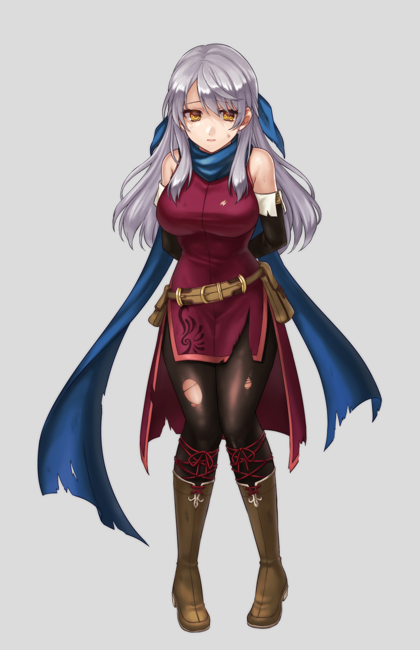 1girl absurdres arm_behind_back bangle bare_shoulders belt black_gloves black_legwear blue_scarf boots bracelet breasts bruise commission dress elbow_gloves eyebrows_visible_through_hair fire_emblem fire_emblem:_radiant_dawn gloves hair_ribbon half_updo hazuki_(nyorosuke) highres injury jewelry large_breasts long_hair micaiah_(fire_emblem) out_of_frame pantyhose restrained ribbon scarf side_slit silver_background silver_hair simple_background skeb_commission sleeveless sleeveless_dress solo torn_clothes torn_dress torn_legwear yellow_eyes