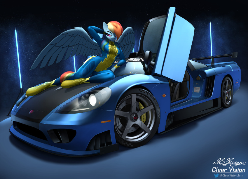 2021 absurd_res anthro blue_body blue_feathers car clearvision clothing digital_media_(artwork) english_text equid equine eyebrows eyelashes feathers female friendship_is_magic hand_behind_head hasbro hi_res looking_at_viewer mammal my_little_pony pegasus rainbow_dash_(mlp) shadow solo text vehicle wings