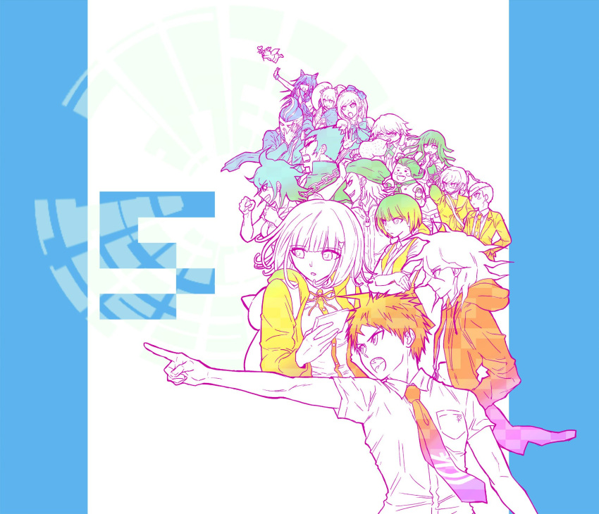 6+boys 6+girls alternate_color bangs beanie blue_background border bow chain danganronpa_(series) danganronpa_2:_goodbye_despair eating erigushi everyone eyepatch fat fat_man flying glasses grey_hair hair_bow hair_horns hanamura_teruteru hand_up hat highres hinata_hajime holding jacket koizumi_mahiru komaeda_nagito kuzuryuu_fuyuhiko long_hair looking_to_the_side messy_hair mioda_ibuki multiple_boys multiple_girls nanami_chiaki necktie nidai_nekomaru open_mouth owari_akane pekoyama_peko pointing saionji_hiyoko scarf school_uniform shirt short_hair smile sonia_nevermind souda_kazuichi staff tanaka_gandamu togami_byakuya_(danganronpa_2) tsumiki_mikan usami_(danganronpa) very_short_hair vest white_background white_shirt wings yellow_jacket yellow_vest