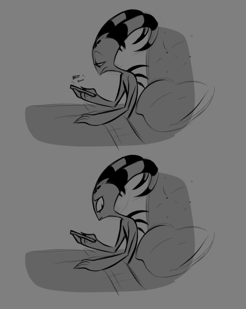 anthro back_spikes bed blitzo_(vivzmind) furniture grey_background helluva_boss hi_res imp male monochrome phone pillow simple_background solo spikes spikes_(anatomy)