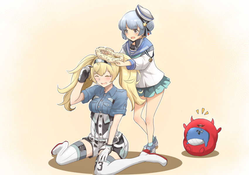 2girls abyssal_ship aqua_neckwear aqua_skirt beige_background black_ribbon blonde_hair blue_hair blue_sailor_collar blue_shirt breast_pocket breasts brown_eyes closed_eyes collared_shirt commentary_request dixie_cup_hat double_bun enemy_lifebuoy_(kantai_collection) full_body gambier_bay_(kantai_collection) gloves hairband hat hat_ribbon head_wreath highres kantai_collection large_breasts little_blue_whale_(kantai_collection) long_sleeves military_hat miniskirt multicolored multicolored_clothes multicolored_gloves multiple_girls neckerchief pleated_skirt pocket ribbon sailor_collar samuel_b._roberts_(kantai_collection) school_uniform serafuku shirt short_hair simple_background skirt sleeve_cuffs thighhighs tiger_(tiger-kimu) twintails whale white_headwear white_legwear white_shirt