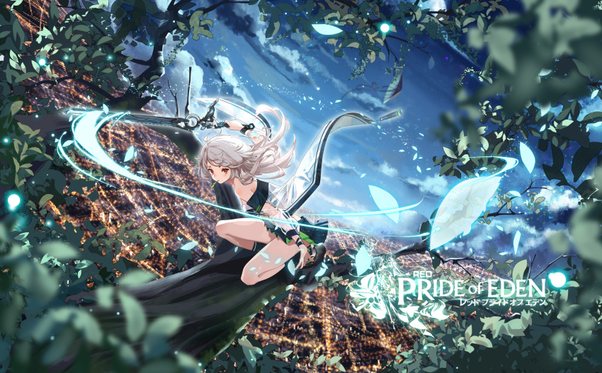 building city clouble clouds gray_hair hat logo night petals red:_pride_of_eden red_eyes skirt sword tree weapon