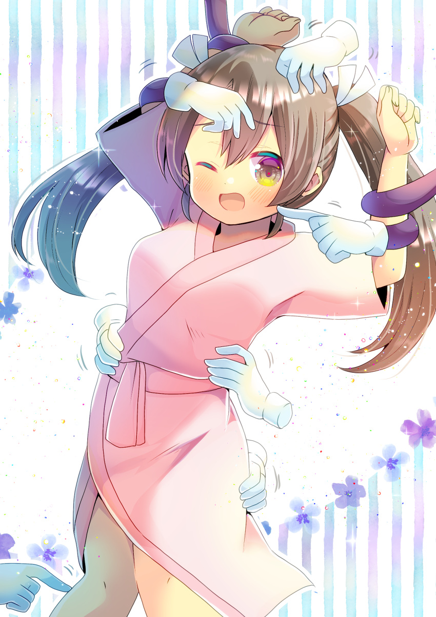 1girl absurdres arm_up bangs blue_flower blush breasts brown_hair commentary_request commission disembodied_limb eyebrows_visible_through_hair floral_background flower hair_between_eyes highres japanese_clothes kantai_collection kimono kouu_hiyoyo long_hair looking_at_viewer one_eye_closed open_mouth pink_kimono pixiv_request purple_flower restrained short_sleeves small_breasts standing striped striped_background tickling twintails vertical_stripes wide_sleeves zuikaku_(kantai_collection)