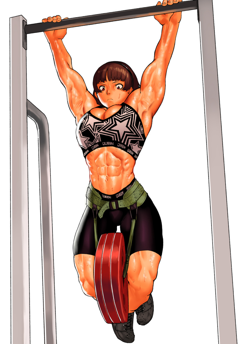 1girl abs armpits arms_up bangs biceps black_footwear black_shorts blunt_bangs bra breasts cessa cleavage exercise hanging highres horizontal_bar large_breasts muscular muscular_female niijima_makoto persona persona_5 print_bra pullups shoes shorts simple_background solo sports_bra sweat underwear white_background