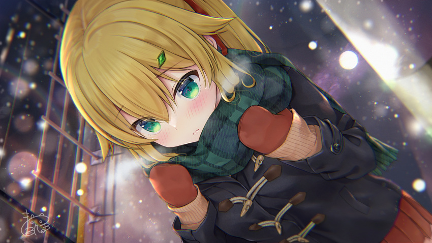 1girl bangs black_coat blonde_hair blurry blurry_background blush brown_mittens brown_skirt closed_mouth coat commentary depth_of_field dutch_angle eyebrows_visible_through_hair from_above green_eyes green_scarf hair_between_eyes hair_ornament hair_ribbon hands_up heart heart_in_eye long_hair long_sleeves maruma_(maruma_gic) mittens original plaid plaid_scarf pleated_skirt ponytail railing red_ribbon ribbon scarf signature skirt sleeves_past_wrists snowing solo symbol_commentary symbol_in_eye upper_body