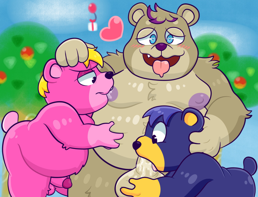 &lt;3 2021 absurd_res animal_crossing anthro blue_body blue_fur blush brown_body brown_fur fur group hi_res male male/male mammal moobs nintendo overweight pink_body pink_fur poncho_(animal_crossing) sinribbons ursid video_games vladimir_(animal_crossing) young