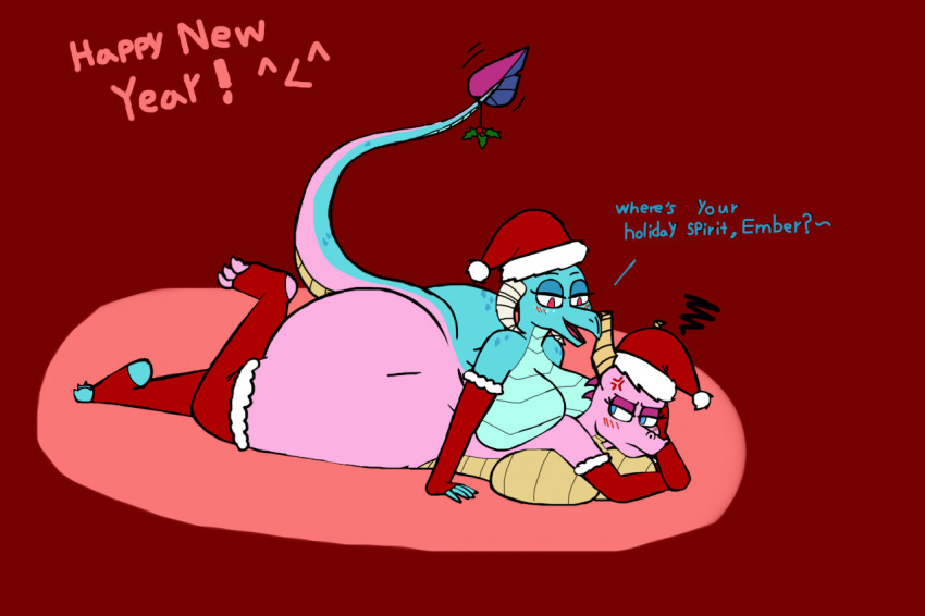 anthro breasts butt christmas christmas_clothing christmas_headwear clothing conjoined dialogue dragon duo ember_(spyro) female friendship_is_magic hasbro hat headgear headwear holidays holly_(plant) my_little_pony pilot129 plant princess_ember_(mlp) santa_hat