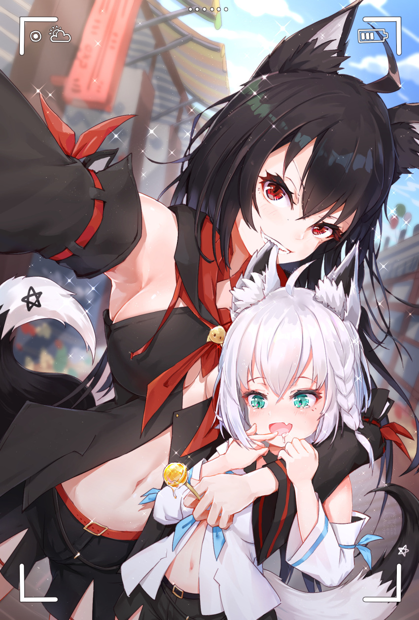 2girls ahoge animal_ear_fluff animal_ears arm_on_shoulder armpits bangs biting black_hair black_hoodie black_shorts blue_neckwear blurry blurry_background braid breasts candy catxuan child commentary_request detached_sleeves drooling ear_biting eyebrows_visible_through_hair fang finger_to_mouth food fox_ears fox_girl fox_tail green_eyes hair_between_eyes highres holding holding_candy holding_food holding_lollipop hood hoodie kurokami_fubuki lollipop long_hair looking_at_viewer medium_breasts midriff multiple_girls navel neckerchief open_mouth pentagram red_eyes red_neckwear self_shot sharp_teeth shirakami_fubuki shorts sidelocks single_braid sparkle tail teeth viewfinder white_hair white_hoodie