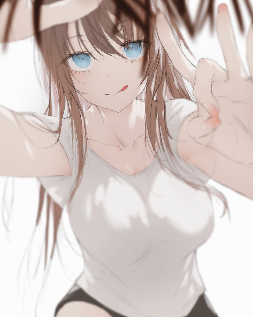 1girl 1other :&gt; :q arm_up armpit_peek bangosu bangs black_shorts blue_eyes blurry breasts brown_hair closed_mouth collarbone commentary constricted_pupils dekopin depth_of_field eyebrows_visible_through_hair eyelashes eyes_visible_through_hair fingernails hand_on_another's_head hand_up highres long_hair looking_at_viewer original palms pov shirt short_shorts short_sleeves shorts smile tongue tongue_out upper_body white_background white_shirt