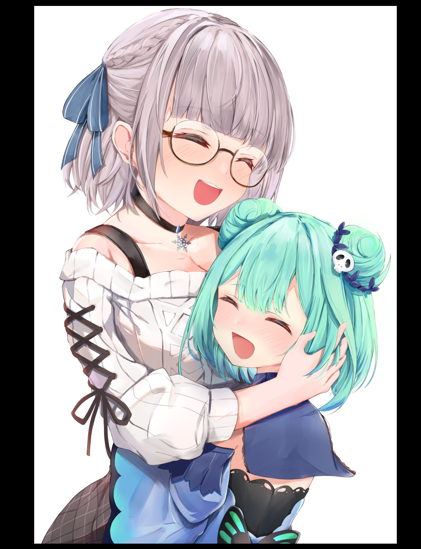 2girls ^_^ absurdres aran_sweater bangs bespectacled black_choker blue_ribbon blunt_bangs blush breasts choker cleavage closed_eyes collarbone commentary cross-laced_clothes detached_sleeves double_bun eyebrows_behind_hair eyebrows_visible_through_hair glasses green_hair grey_sweater hair_ornament hair_ribbon height_difference highres hololive hug huge_filesize kanno_esuto large_breasts multiple_girls off-shoulder_sweater off_shoulder pillarboxed ribbon semi-rimless_eyewear shirogane_noel short_hair silver_hair simple_background skull_hair_ornament small_breasts snowflake_choker sweater uruha_rushia virtual_youtuber white_background yuri |d