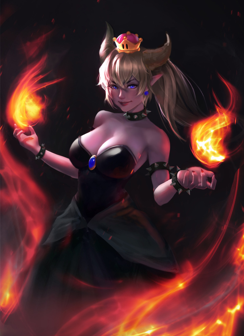 1girl absurdres bangs bare_shoulders black_collar black_dress blonde_hair blue_eyes bowsette bracelet breasts brooch collar commentary crown dress earrings english_commentary eyebrows_visible_through_hair fingernails fire floating_hair hair_between_eyes hands_up highres horns jewelry large_breasts lips long_dress long_hair looking_at_viewer mario_(series) mattikarp new_super_mario_bros._u_deluxe parted_lips pointy_ears sharp_fingernails sidelocks smile solo spiked_armlet spiked_bracelet spiked_collar spikes strapless strapless_dress super_crown