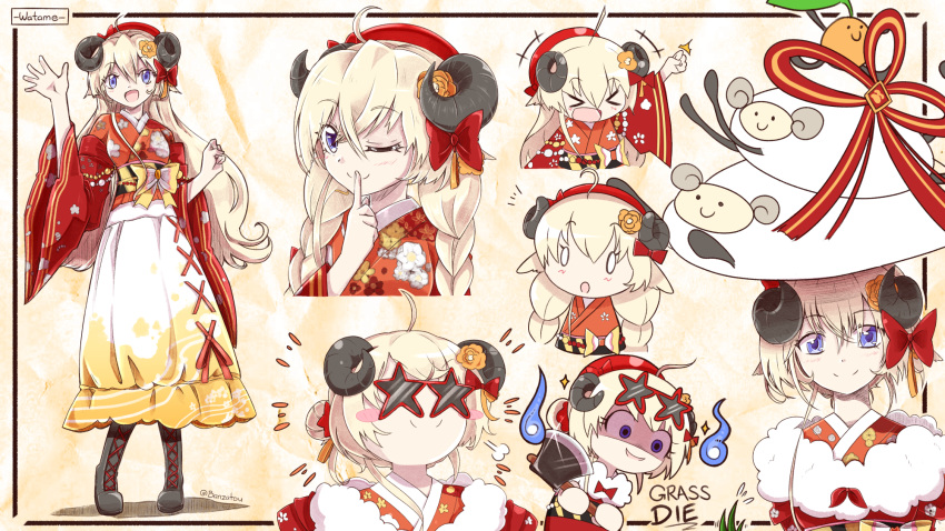 &gt;_&lt; 1girl ahoge animal_ears axe banzatou_(banzatou1) beret black_footwear blonde_hair blue_eyes boots braid bubble_skirt chibi chibi_inset commentary cropped_torso english_text eyebrows_visible_through_hair finger_to_mouth floral_print full_body fur_scarf hair_down hakama hat highres holding holding_axe hololive horns japanese_clothes kagami_mochi kimono long_hair mixed-language_commentary multiple_views obi obiage one_eye_closed purple_eyes red_kimono sash scarf sheep_ears sheep_girl sheep_horns shushing skirt smile star-shaped_eyewear sunglasses tsunomaki_watame twin_braids very_long_hair virtual_youtuber white_scarf wide_sleeves