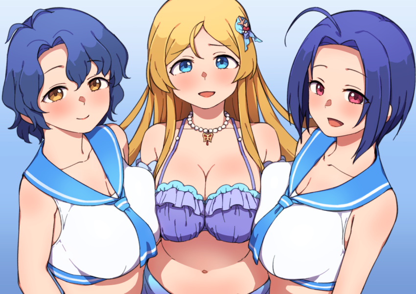 1girl 3girls ahoge antenna_hair asymmetrical_docking bikini blonde_hair blue_background blue_eyes blue_hair blue_neckwear blue_sailor_collar breast_press breasts cleavage closed_mouth collarbone commentary_request eyes_visible_through_hair frilled_bikini frills gradient gradient_background hair_ornament halter_top halterneck idolmaster idolmaster_million_live! idolmaster_million_live!_theater_days jewelry korean_commentary kwaejina large_breasts long_hair looking_at_viewer miura_azusa mixed-language_commentary multiple_girls navel necklace open_mouth purple_bikini purple_eyes sailor_bikini sailor_collar sailor_swimsuit_(idolmaster) shinomiya_karen shirt short_hair sleeveless sleeveless_shirt smile swimsuit toyokawa_fuuka upper_body wavy_hair yellow_eyes