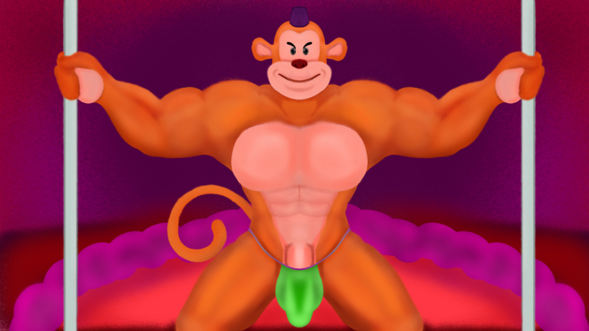 16:9 anthro big_bulge bulge clothing genitals half-erect haplorhine hat headgear headwear hehdgd hi_res jockstrap kneeling love_bed male mammal monkey monkeybone multicolored_body muscular muscular_anthro muscular_male penis pole primate purple_clothing purple_hat purple_headwear smiling_at_viewer solo stripper_pole toony two_stripper_poles two_tone_body underwear widescreen