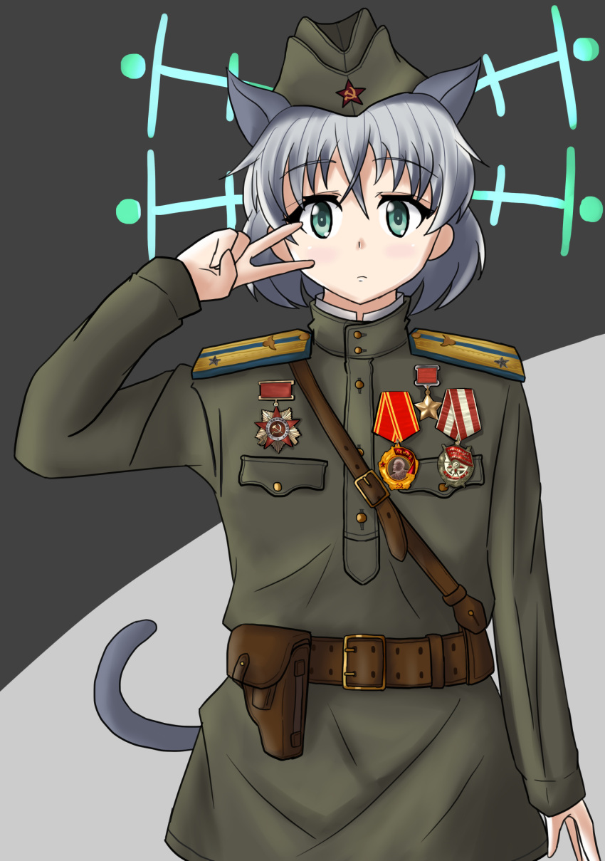 1girl animal_ears belt cat_ears cat_tail garrison_cap green_eyes grey_hair hammer_and_sickle hat highres hirschgeweih_antennas holster insignia medal military military_hat military_uniform red_star sanya_v_litvyak soviet_air_force strike_witches tail uniform user_wheh8572 vladimir_lenin world_witches_series