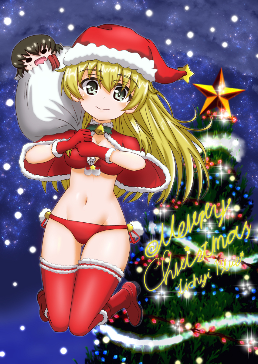 1girl artist_name bangs bell bikini blonde_hair blue_sky boots caesar_(girls_und_panzer) capelet carpaccio_(girls_und_panzer) character_doll christmas christmas_lights christmas_tree closed_mouth commentary_request cursive eyebrows_visible_through_hair floating fur-trimmed_capelet fur_trim garland_(decoration) garters girls_und_panzer gloves green_eyes hat highres holding holding_sack holly legs_up lichyiblue long_hair looking_at_viewer medium_hair merry_christmas navel night night_sky over_shoulder partial_commentary red_capelet red_footwear red_gloves red_headwear red_legwear sack santa_bikini santa_boots santa_costume santa_gloves santa_hat side-tie_bikini signature sky smile solo sparkle star_(sky) star_ornament starry_sky swimsuit thigh_gap thighhighs