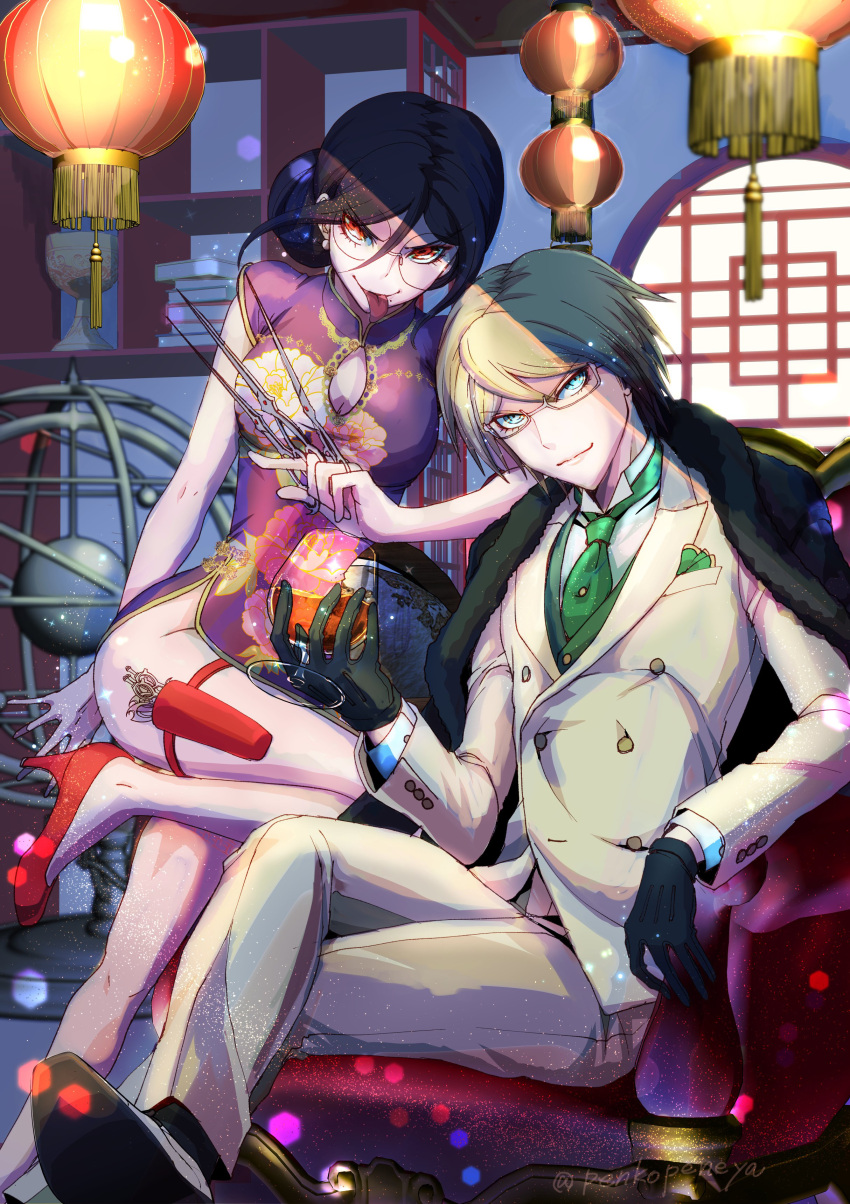 1boy 1girl absurdres alternate_hairstyle architecture bare_arms black_footwear black_gloves blonde_hair blue_eyes book breasts chair china_dress chinese_clothes cleavage_cutout clothing_cutout commentary_request cup danganronpa:_trigger_happy_havoc danganronpa_(series) dress drinking_glass east_asian_architecture eyelashes feet_out_of_frame formal full_body genocider_shou glasses gloves green_neckwear hair_bun hair_up high_heels highres holding holding_cup holding_scissors indoors koutei_penko lantern large_breasts lens_flare long_hair long_sleeves long_tongue looking_at_viewer necktie official_alternate_costume paper_lantern pelvic_curtain purple_dress purple_hair red_eyes red_footwear scissors shaded_face shelf short_hair short_sleeves side_slit smile smirk suit thigh_pouch togami_byakuya tongue tongue_out white_suit wine_glass