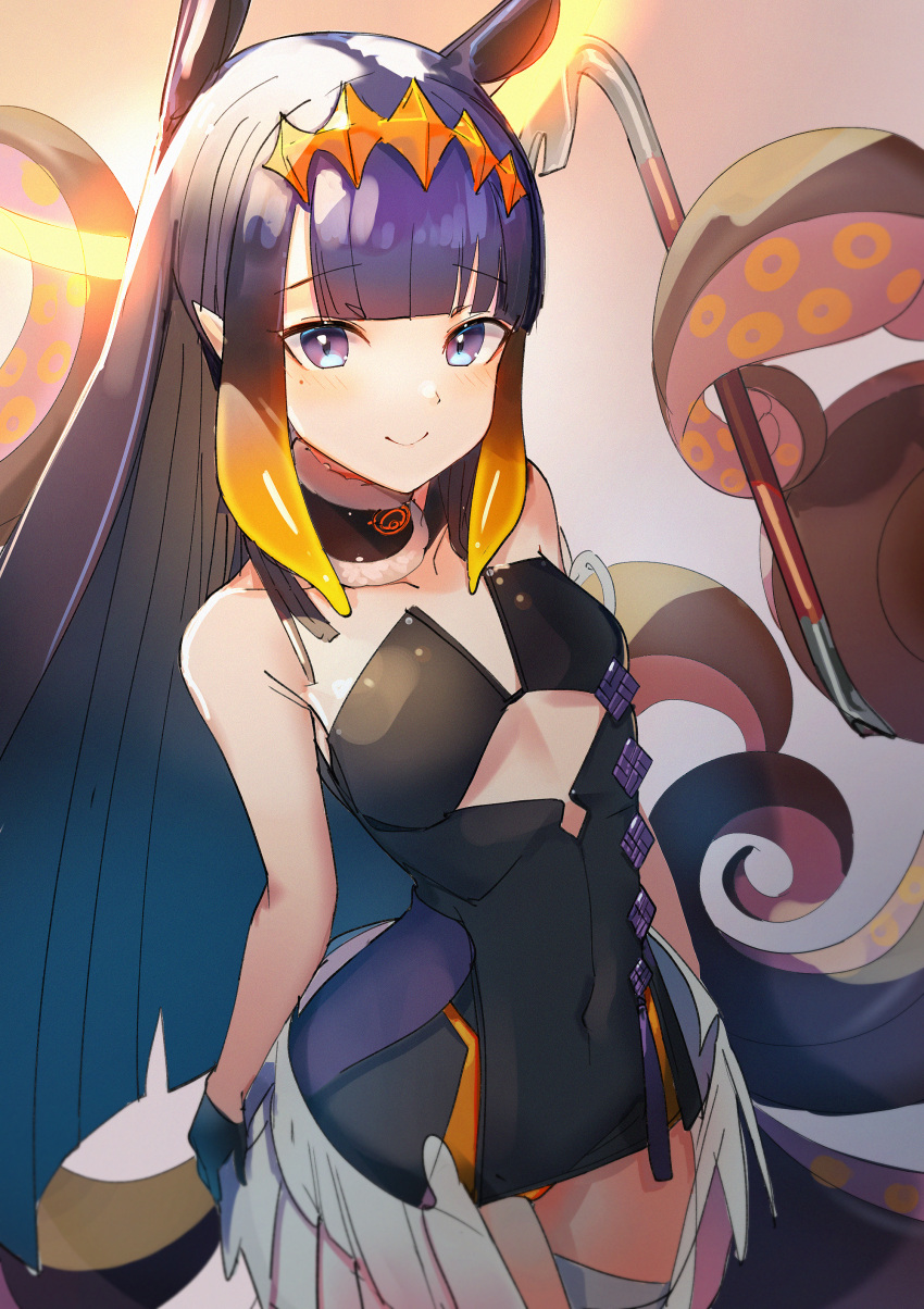 1girl absurdres black_gloves blush breasts commentary crowbar dress eyebrows_visible_through_hair fur_collar gloves halo highres hime_cut hololive hololive_english huge_filesize janyhero long_hair mole mole_under_eye ninomae_ina'nis pointy_ears purple_eyes purple_hair small_breasts smile solo tentacle_hair tentacles thighhighs very_long_hair virtual_youtuber white_legwear wings