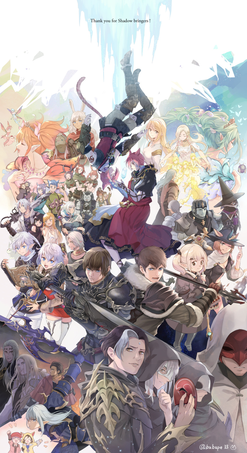 absurdres alisaie_leveilleur alphinaud_leveilleur animal_ears ardbert_(ff14) armor axe babape bunny_ears butterfly_wings cat_ears cloak crystal_exarch dark_knight_(final_fantasy) elidibus emet-selch estinien everyone fairy feo_ul final_fantasy final_fantasy_xiv g'raha_tia gaia_(ff14) gaius_van_baelsar garlean greatsword gunblade highres hood hrothgar hyur krile_mayer_baldesion_(ff14) lalafell lamitt lyna_(ff14) minfilia_warde miqo'te pig pointy_ears runar ryne tataru_taru thancred_waters titania_(final_fantasy) urianger_augurelt viera weapon wings y'shtola_rhul zenos_yae_galvus